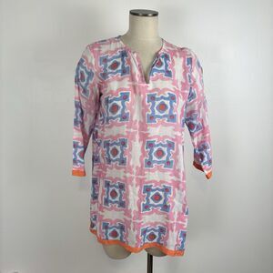 Oliphant Tunic Top Dotted Pink Orange White V-Neck Women's Medium Cotton
